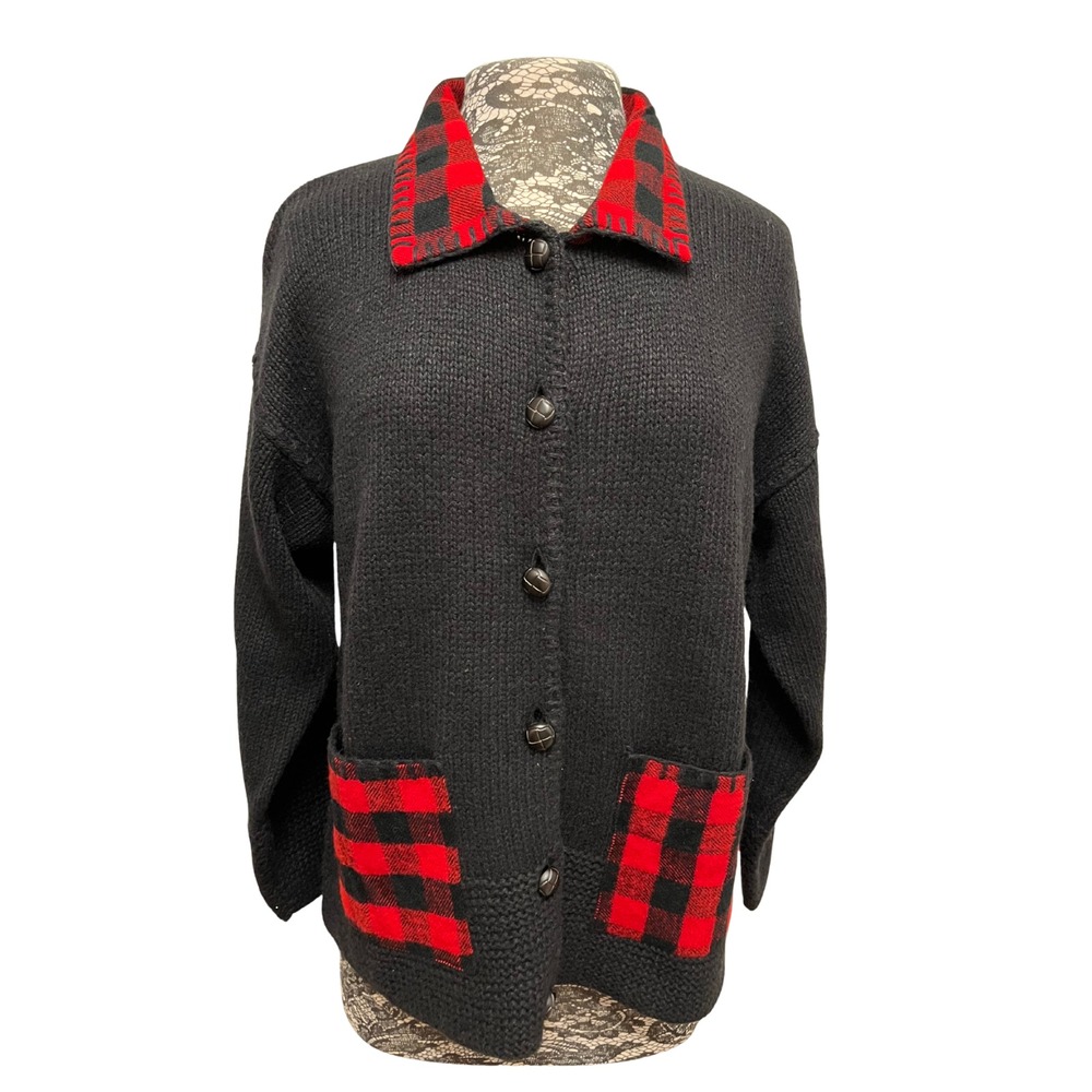 Vintage 90s Buffalo Plaid Cardigan M Black Red‎ Christmas Sweater Cottage Granny